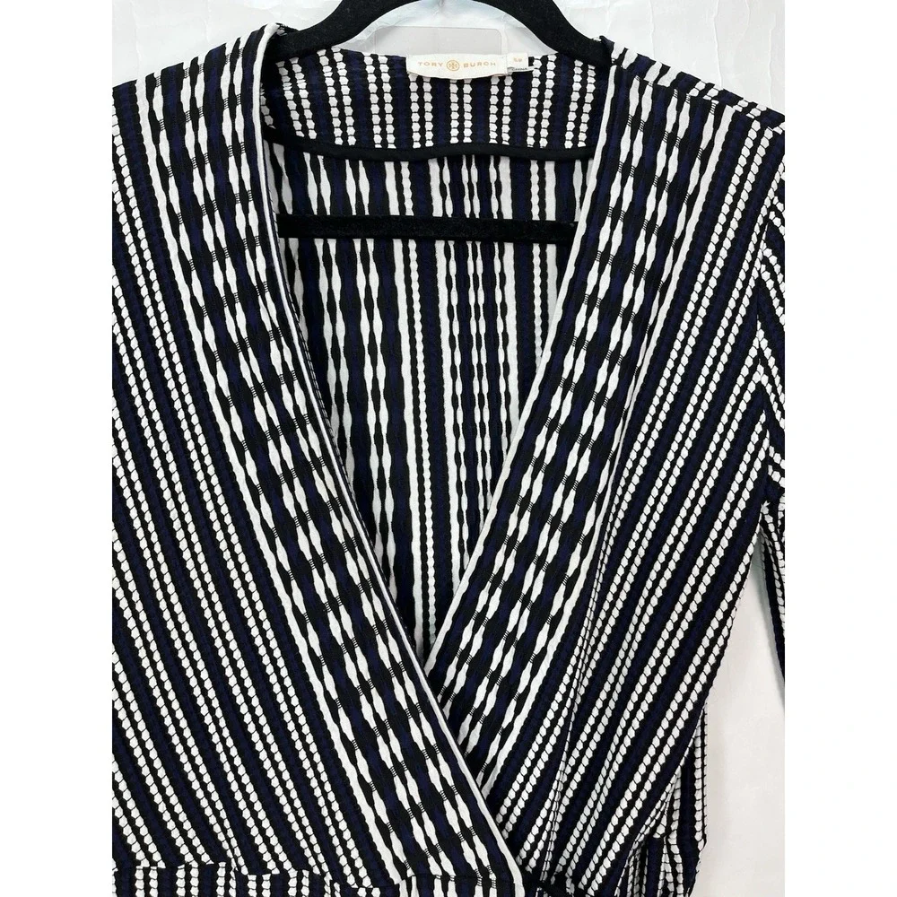Tory Burch Navy Oxford Stripe Jacquard Wrap Dress Women's Size S‎ Luxury Chic